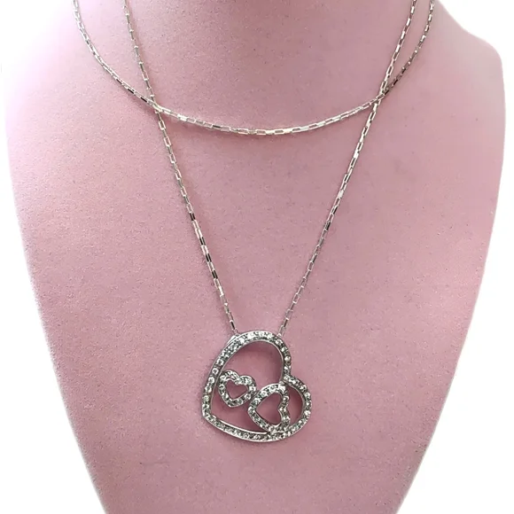 Vintage Sterling Silver Large Triple Heart Pave CZ Pendant with 30" Chain - Picture 1 of 12